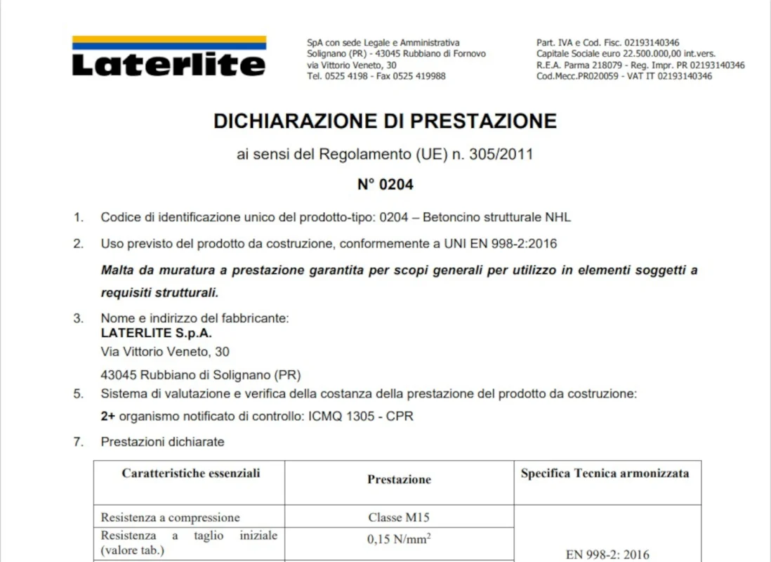 Dichiarazione di Prestazione n. 0204- Betoncino strutturale NHL