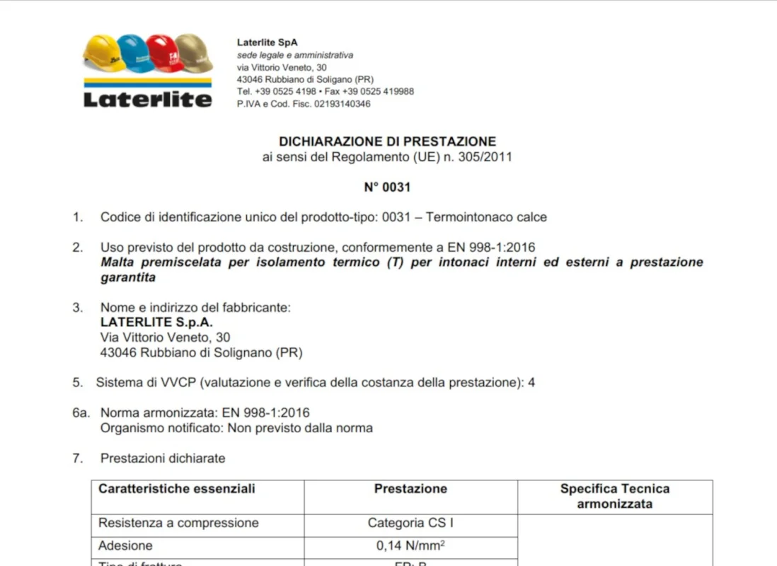 Dichiarazione di Prestazione n° 0031 - Termointonaco Calce P41 rev.01_2022.09