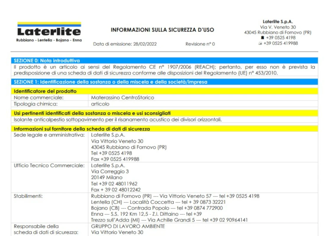 Scheda di sicurezza Materassino Centrostorico